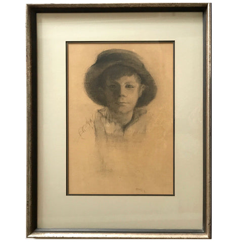 Signed 1914 Pencil Portrait Sketch Boy with Hat - arustocracy