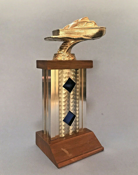 1960s Vintage Motor Boat Regatta Trophy Walnut And Aluminum Base NOS